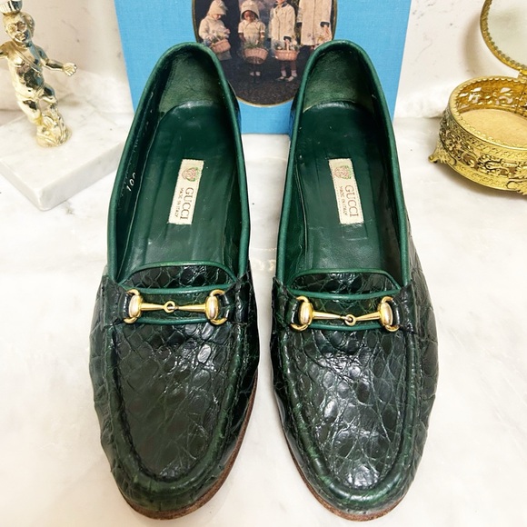 Authentic Gucci RARE 1970’s Vintage Dark Emerald Green Crocodile Leather Loafers - Picture 5 of 13